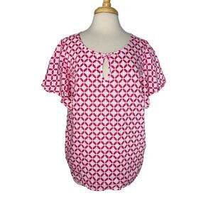 CHARTER CLUB Linen Pink White Geometric Print Blouse Size XL Flutter Sleeve
